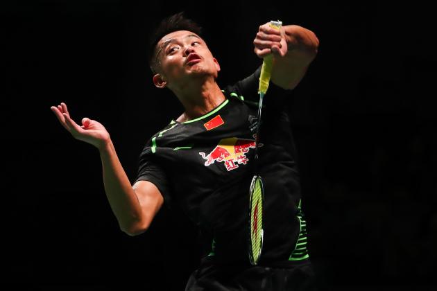 China's Lin Dan hits a return during the men's singles Sudirman Cup match against Kenta Nishimoto of Japan  (not pictured) at the Gold Coast Sports Centre on May 27, 2017. / AFP PHOTO / Patrick HAMILTON / -- IMAGE RESTRICTED TO EDITORIAL USE - STRICTLY NO COMMERCIAL USE --        (Photo credit should read PATRICK HAMILTON/AFP/Getty Images)