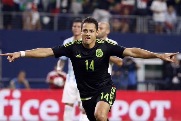 FILE - In this Sept. 8, 2015, file photo, Mexico's Javier Hernandez celebrates after scoring a penalty kick during a friendly soccer match against Argentina at the AT&T Stadium in Arlington, Texas. (AP Photo/Tony Gutierrez, File)