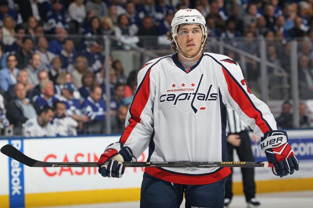 TORONTO,ON - APRIL 23:  T.J. Oshie #77 of the Washington Capitals waits for a faceoff against the Toronto Maple Leafs in Game Six of the Eastern Conference Quarterfinals during the 2017 NHL Stanley Cup Playoffs at the Air Canada Centre on April 23, 2017 in Toronto, Ontario, Canada. The Capitals defeated the Maple Leafs 2-1 in overtime to win series 4-2. (Photo by Claus Andersen/Getty Images)