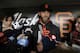 San Francisco Giants pitcher Madison Bumgarner answers questions about his shoulder injury before a baseball game against the Los Angeles Dodgers, Monday, April 24, 2017, in San Francisco . (AP Photo/Marcio Jose Sanchez)