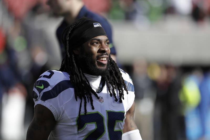 Seattle Seahawks cornerback Richard Sherman (25) before an NFL football game against the San Francisco 49ers in Santa Clara, Calif., Sunday, Jan. 1, 2017. (AP Photo/Marcio Jose Sanchez)