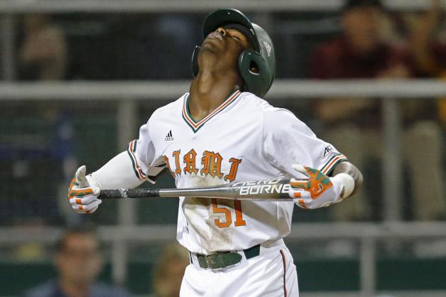 CORAL GABLES, FL - April 21: James Davison #51 of the Miami Hurricanes reacts after striking out with the bases loaded in the fifth inning against the Florida State Seminoles on April 21, 2017 at Alex Rodriguez Park at Mark Light Field in Coral Gables, Florida. The Seminoles defeated the Hurricanes 6-3. (Photo by Joel Auerbach/Getty Images)