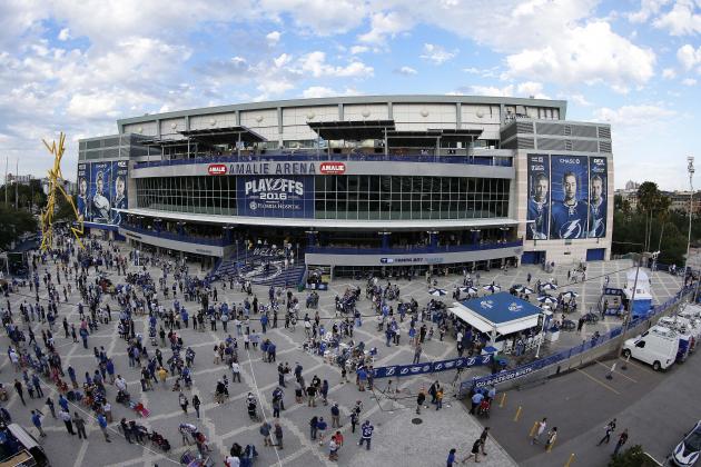 May 18, 2016; Tampa, FL, USA; An overview of Amalie Arena prior to game three of the Eastern Conference Final of the 2016 Stanley Cup Playoffs between the Tampa Bay Rays and Pittsburgh Penguins. Mandatory Credit: Kim Klement-USA TODAY Sports