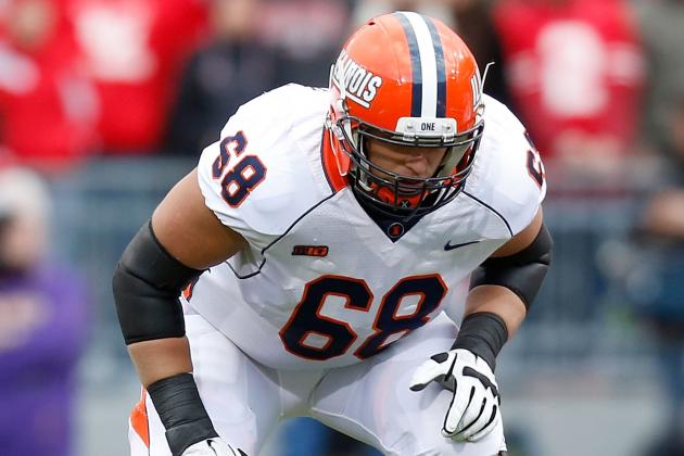 COLUMBUS, OH - NOVEMBER 3: Simon Cvijanovic #68 of the Illinois Fighting Illini lines up for a play against the Ohio State Buckeyes on November 3, 2012 at Ohio Stadium in Columbus, Ohio. (Photo by Kirk Irwin/Getty Images)