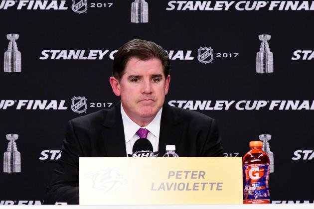 PITTSBURGH, PA - MAY 29:  Head coach Peter Laviolette of the Nashville Predators speaks to the media after their 3-5 loss to the Pittsburgh Penguins in Game One of the 2017 NHL Stanley Cup Final at PPG Paints Arena on May 29, 2017 in Pittsburgh, Pennsylvania.  (Photo by Matt Kincaid/Getty Images)