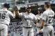 Houston Astros' Carlos Beltran, center, celebrates his three-run home run with teammates in the eighth inning of a baseball game against the Minnesota Twins Monday, May 29, 2017 in Minneapolis. The Astros won 16-8. (AP Photo/Jim Mone)
