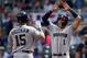 MINNEAPOLIS, MN - MAY 29: Carlos Correa #1 of the Houston Astros congratulates teammate Carlos Beltran #15 on a three-run home run against the Minnesota Twins during the eighth inning of the game on May 29, 2017 at Target Field in Minneapolis, Minnesota. The Astros defeated the Twins 16-8. (Photo by Hannah Foslien/Getty Images)