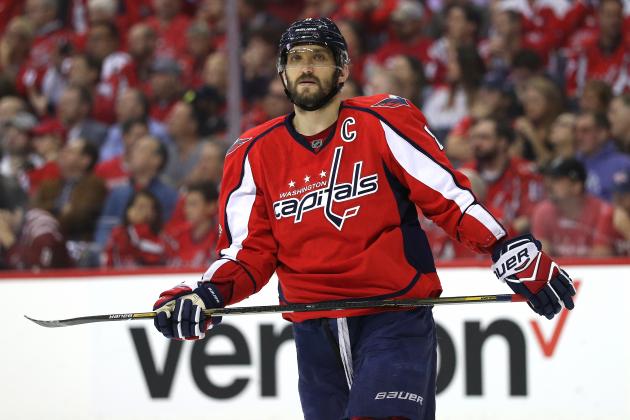 WASHINGTON, DC - MAY 10: Alex Ovechkin #8 of the Washington Capitals looks on in the first period against the Pittsburgh Penguins in Game Seven of the Eastern Conference Second Round during the 2017 NHL Stanley Cup Playoffs at Verizon Center on May 10, 2017 in Washington, DC. (Photo by Patrick Smith/Getty Images)