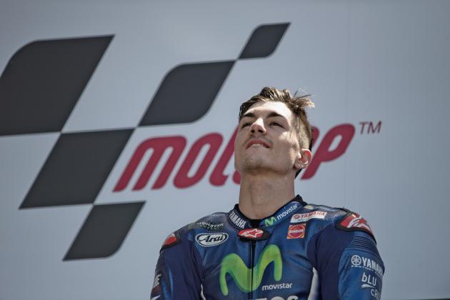 LE MANS, FRANCE - MAY 21:  Maverick Vinales of Spain and  Movistar Yamaha MotoGP celebrates the victory on the podium at the end of the MotoGP race during the MotoGp of France - Race on May 21, 2017 in Le Mans, France.  (Photo by Mirco Lazzari gp/Getty Images)