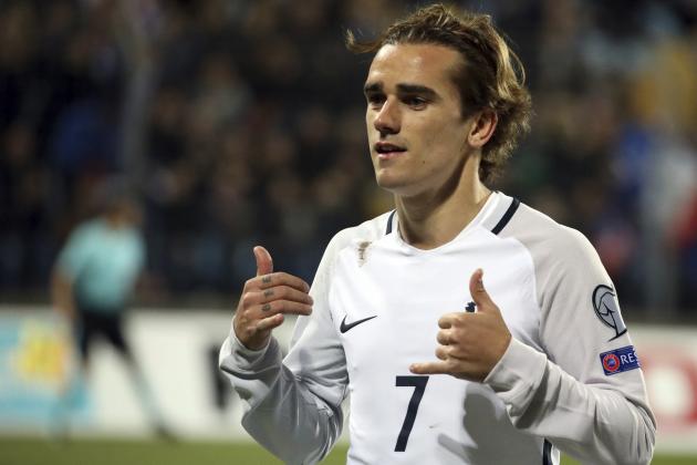 France's Antoine Griezmann celebrates his goal during their World Cup 2018 Group A qualifying soccer match against Luxembourg at the Josy Barthel stadium in Luxembourg on Saturday, March 25, 2017. (AP Photo/Olivier Matthys)