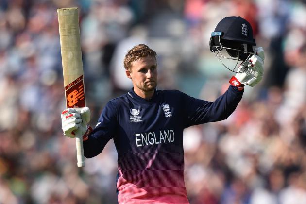 England's Joe Root celebrates reaching 100 during the ICC Champions trophy cricket match between England and Bangladesh at The Oval in London on June 1, 2017. / AFP PHOTO / Glyn KIRK / RESTRICTED TO EDITORIAL USE        (Photo credit should read GLYN KIRK/AFP/Getty Images)