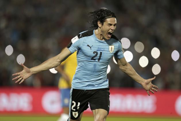 Uruguay's Edinson Cavani celebrates after scoring against Brazil during a 2018 World Cup qualifying soccer match in Montevideo, Uruguay, Thursday, March. 23, 2017. Brazil won the match 4-1. (AP Photo/Natacha Pisarenko)