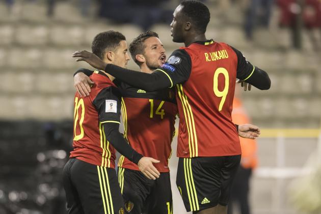 (L-R) Eden Hazard of Belgium, Dries Mertens of Belgium, Romelu Lukaku of Belgiumduring the FIFA World Cup 2018 qualifying match between Belgium and Estonia on November 13, 2016 at the Koning Boudewijn stadium in Brussels, Belgium.(Photo by VI Images via Getty Images)