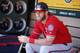 Washington Nationals' Bryce Harper sit in the dugout before a baseball game against the Oakland Athletics, Sunday, June 4, 2017 in Oakland, Calif. (AP Photo/Tony Avelar)