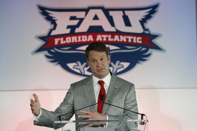 Lane Kiffin gestures as he speaks after being introduced as the new Florida Atlantic head football coach, Tuesday, Dec. 13, 2016, in Boca Raton, Fla. The school announced the move on Twitter on Tuesday, a day after Alabama coach Nick Saban said his offensive coordinator was leaving to take over the Owls. It's the fourth opportunity for Kiffin to be a head coach, after an NFL stint with the Oakland Raiders and college ones at Tennessee and USC. (AP Photo/Wilfredo Lee)