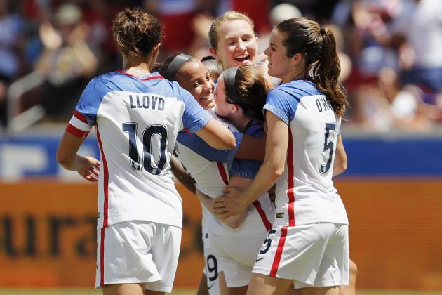 HOUSTON, TX - APRIL 09:  Mallory Pugh #2 of U.S., Kelley OÕHara #5, Carli Lloyd #10, and Samantha Mewis #3 celebrate with Rose Lavelle #16 after scoring a goal in the first half against the Russia during the International Friendly soccer match at BBVA Compass Stadium on April 9, 2017 in Houston, Texas.  (Photo by Tim Warner/Getty Images)