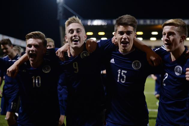 KIRCKALDY, SCOTLAND - NOVEMBER 29 : (L-R) MacKenzie Heaney ,Calvin Miller, Ben Stirling and Ross McCrorie of Scotland U16s celebrate their teams victory over England during the Sky Sports Victory Shield match between Scotland U16 and England U16 on November 29, 2013 in Kirckaldy Scotland. (Photo by Mark Runnacles/Getty Images)