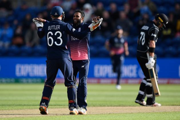 CARDIFF, WALES - JUNE 06:  England bowler Adil Rashid celebrates after dismissing Mitchell Santner during the ICC Champions Trophy match between England and New Zealand at SWALEC Stadium on June 6, 2017 in Cardiff, Wales.  (Photo by Stu Forster/Getty Images)