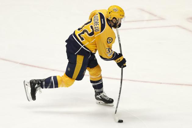 NASHVILLE, TN - JUNE 03:  Frederick Gaudreau #32 of the Nashville Predators skates against the Pittsburgh Penguins in Game Three of the 2017 NHL Stanley Cup Final at Bridgestone Arena on June 3, 2017 in Nashville, Tennessee. (Photo by Justin K. Aller/Getty Images)
