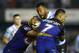 SYDNEY, AUSTRALIA - MAY 27: Jayson Bukuya of the Sharks is tackled during the round 12 NRL match between the Cronulla Sharks and the Canterbury Bulldogs at Southern Cross Group Stadium on May 27, 2017 in Sydney, Australia. (Photo by Mark Metcalfe/Getty Images)