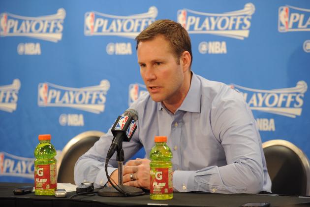 CHICAGO, IL - APRIL 28:  Fred Hoiberg of the Chicago Bulls talks to the media during a press conference after Game Six of the Eastern Conference Quarterfinals against the Boston Celtics during the 2017 NBA Playoffs on April 28, 2017 at the United Center in Chicago, Illinois. NOTE TO USER: User expressly acknowledges and agrees that, by downloading and or using this photograph, user is consenting to the terms and conditions of the Getty Images License Agreement.  Mandatory Copyright Notice: Copyright 2017 NBAE (Photo by Randy Belice/NBAE via Getty Images)