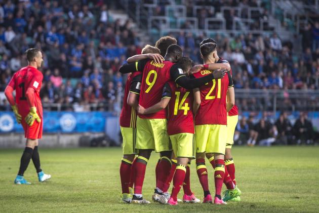 Belgium's team players celebrate after scoring a goal during the World Cup Group H qualifying match between Estonia and Belgium at the A. Le Coq Arena in Tallinn, Estonia, Friday, June 9, 2017. (AP Photo/Marko Mumm)