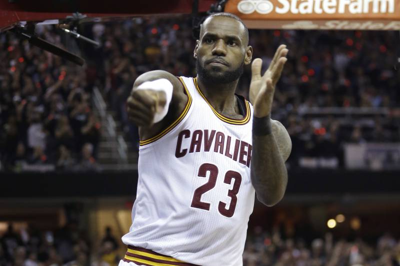 Cleveland Cavaliers forward LeBron James (23) reacts during the first half against the Golden State Warriors in Game 4 of basketball's NBA Finals in Cleveland, Friday, June 9, 2017. (AP Photo/Tony Dejak)