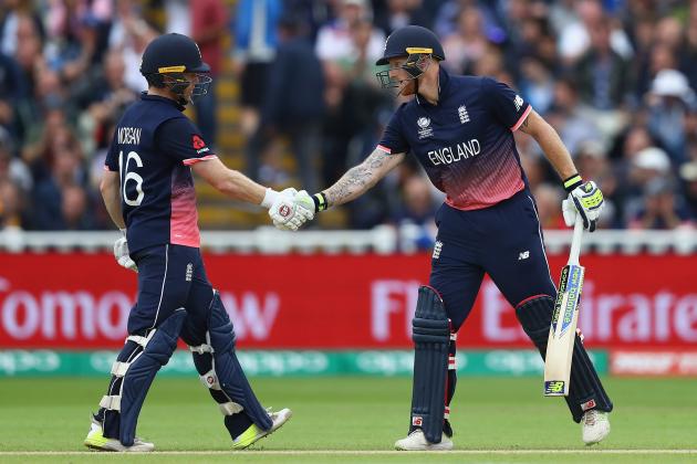 BIRMINGHAM, ENGLAND - JUNE 10:  Eoin Morgan (L) and Ben Stokes of England during the fourth wicket stand  during the ICC Champions Trophy match between England and Australia at Edgbaston on June 10, 2017 in Birmingham, England.  (Photo by Michael Steele/Getty Images)