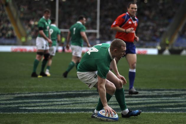 Ireland's Keith Earls scores a try during a Six Nations rugby union international match between Italy and Ireland at the Rome Olympic stadium, Saturday, Feb. 11, 2017. (AP Photo/Alessandra Tarantino)