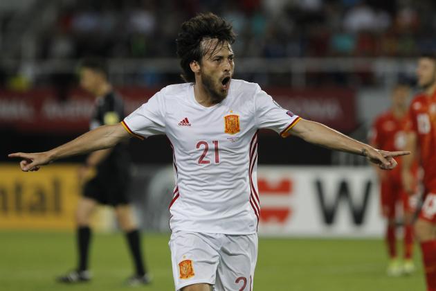 Spain's David Silva celebrates after scoring against Macedonia, during their World Cup Group G qualifying soccer match at the Philip II National Stadium in Skopje, Macedonia, on Sunday, June 11, 2017. (AP Photo/Boris Grdanoski)