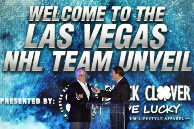 LAS VEGAS, NV - NOVEMBER 22:  Majority owner Bill Foley (L) speaks with emcee Chris Maathuis before the Vegas Golden Knights was announced as the name for Foey's Las Vegas NHL franchise at T-Mobile Arena on November 22, 2016 in Las Vegas, Nevada. The team will begin play in the 2017-18 season.  (Photo by Ethan Miller/Getty Images)