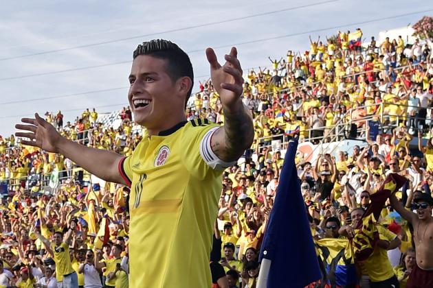 Colombia's midfielder James Rodriguez celebrates a goal during the friendly football match Cameroon vs Colombia at the Col. Alfonso Perez stadium in Getafe on June 13, 2017. / AFP PHOTO / JAVIER SORIANO        (Photo credit should read JAVIER SORIANO/AFP/Getty Images)