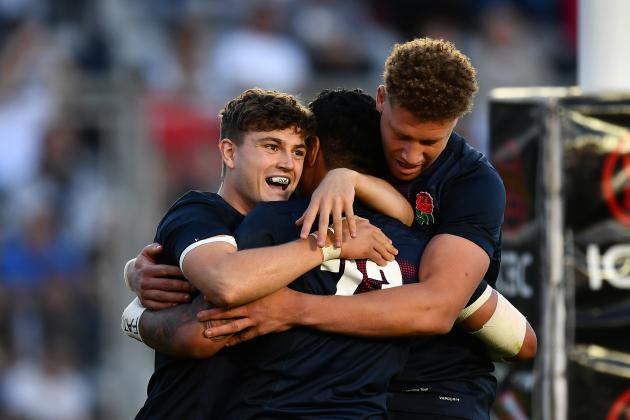 SAN JUAN, ARGENTINA - JUNE 10:  Denny Solomona of England celebrates with Jack Maunder and Nick Isiekwe of England after scoring the winning try during the ICBC Cup match between Argentina and England at the Estadio San Juan del Bicentenario on June 10, 2017 in San Juan, San Juan. (Photo by Dan Mullan/Getty Images,)