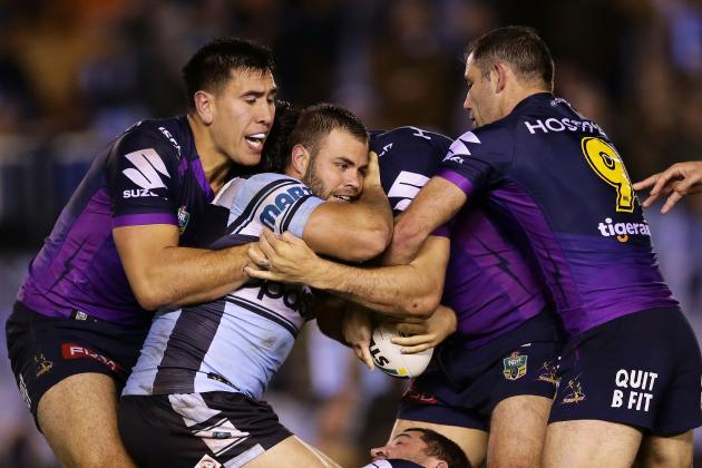 SYDNEY, AUSTRALIA - JUNE 08:  Wade Graham of the Sharks is tackled during the round 14 NRL match between the Cronulla Sharks and the Melbourne Storm at Southern Cross Group Stadium on June 8, 2017 in Sydney, Australia.  (Photo by Matt King/Getty Images)