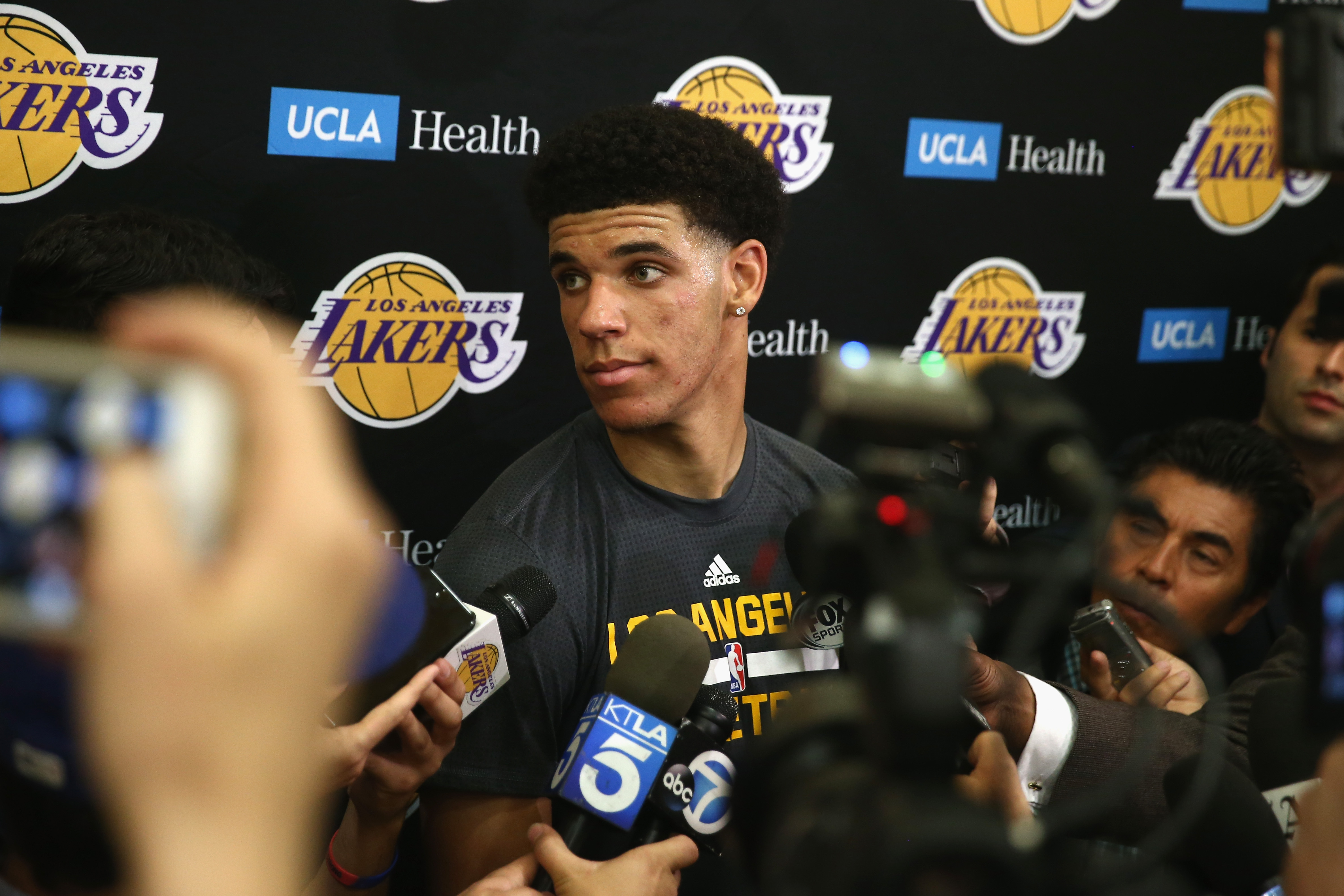 EL SEGUNDO, CA - JUNE 07: NBA Prospect Lonzo Ball speaks with the media after a workout with the Los Angeles Lakers at Toyota Sports Center on June 7, 2017 in El Segundo, California. NOTE TO USER: User expressly acknowledges and agrees that, by downloading and or using this photograph, User is consenting to the terms and conditions of the Getty Images License Agreement. (Photo by Sean M. Haffey/Getty Images)