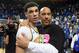 Mar 4, 2017; Los Angeles, CA, USA; Lavar Ball embraces his son UCLA Bruins guard Lonzo Ball (2) after the game against the Washington State Cougars at Pauley Pavilion. Mandatory Credit: Richard Mackson-USA TODAY Sports