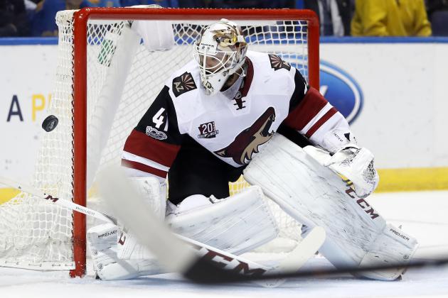 Arizona Coyotes goalie Mike Smith watches a puck as it sails wide of the net during the second period of an NHL hockey game against the St. Louis Blues, Monday, March 27, 2017, in St. Louis. (AP Photo/Jeff Roberson)