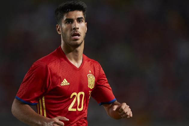 MURCIA, SPAIN - JUNE 07:  Marco Asensio reacts during the international friendly match between Spain and Colombia at Nueva Condomina stadium on June 7, 2017 in Murcia, Spain.  (Photo by fotopress/Getty Images)
