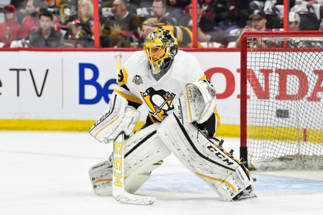OTTAWA, ON - MAY 23:  Marc-Andre Fleury #29 of the Pittsburgh Penguins gets into position during the warmup against the Ottawa Senators in Game Six of the Eastern Conference Final during the 2017 NHL Stanley Cup Playoffs at Canadian Tire Centre on May 23, 2017 in Ottawa, Ontario, Canada.  The Ottawa Senators defeated the Pittsburgh Penguins 2-1.  (Photo by Minas Panagiotakis/Getty Images)
