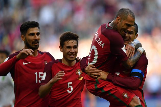 Portugal's forward Ricardo Quaresma (2R) and Portugal's forward Cristiano Ronaldo (R) celebrates after scoring a goal during the 2017 Confederations Cup group A football match between Portugal and Mexico at the Kazan Arena in Kazan on June 18, 2017. / AFP PHOTO / Yuri CORTEZ        (Photo credit should read YURI CORTEZ/AFP/Getty Images)