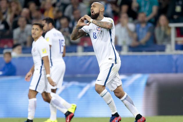 Chile's Arturo Vidal celebrates after scoring during the Confederations Cup, Group B soccer match between Cameroon and Chile, at the Spartak Stadium in Moscow, Sunday, June 18, 2017. (AP Photo/Ivan Sekretarev)