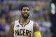 Indiana Pacers' Paul George in action during the second half of an NBA basketball game against the Atlanta Hawks, Wednesday, April 12, 2017, in Indianapolis. Indiana defeated Atlanta 104-86. (AP Photo/Darron Cummings)