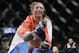 Germaine de Randamie, of the Netherlands, reacts to the decision after a women's featherweight championship mixed martial arts bout against Holly Holm at UFC 208 early Sunday, Feb. 12, 2017, in New York. De Randamie won the fight. (AP Photo/Frank Franklin II)
