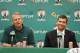 WALTHAM, MA - JULY 5: New Boston Celtics head coach Brad Stevens (R) is introduced to the media by President of Basketball Operations Danny Ainge July 5, 2013 in Waltham, Massachusetts. Stevens was hired away from Butler University where he led the Bulldogs to two back to back national championship game appearances in 2010, and 2011. (Photo by Darren McCollester/Getty Images)