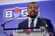 Former NBA player and players union deputy Roger Mason, left, listens as entertainer Ice Cube, right, announces the launch of the BIG3, a new 3-on-3 professional basketball league, in New York, Wednesday, Jan. 11, 2017. (AP Photo/Bebeto Matthews)