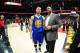 ATLANTA, GA - FEBRUARY 22: Stephen Curry #30 of the Golden State Warriors talks with his father Dell Curry after the game against the Atlanta Hawks on February 22, 2016 at Philips Center in Atlanta, Georgia. NOTE TO USER: User expressly acknowledges and agrees that, by downloading and or using this Photograph, user is consenting to the terms and conditions of the Getty Images License Agreement. Mandatory Copyright Notice: Copyright 2016 NBAE (Photo by Scott Cunningham/NBAE via Getty Images)