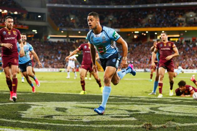 BRISBANE, AUSTRALIA:  Jarryd Hayne of the Blues scores a try during game one of the State Of Origin series between the Queensland Maroons and the New South Wales Blues at Suncorp Stadium on May 31, 2017 in Brisbane, Australia.  (Photo by Jason O'Brien/Getty Images)