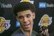 FILE - In this June 7, 2017, file photo, University of California Los Angeles guard Lonzo Ball takes questions from the media after a closed Los Angeles Lakes pre-draft workout in El Segundo, Calif. By now the entire basketball world knows Lonzo Ball is a singular talent with a unique parent. (AP Photo/Damian Dovarganes, File)