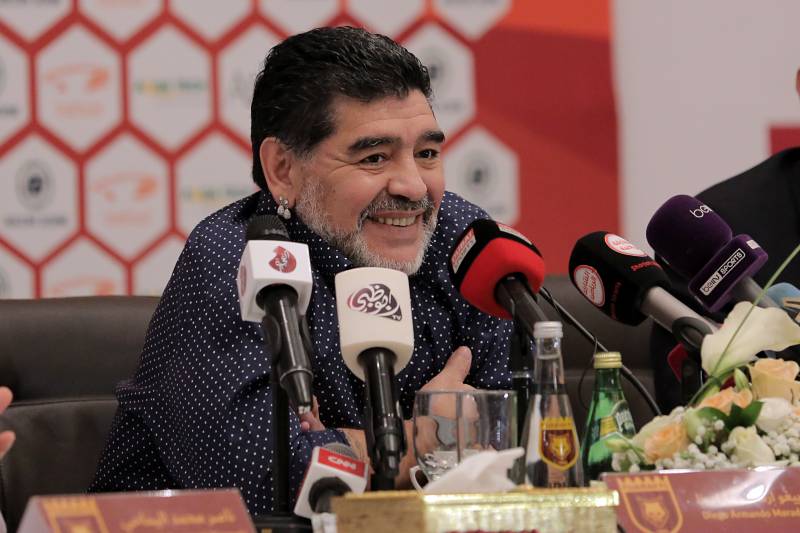 Former Argentinian footballer and manager Diego Armando Maradona holds a press conference where he was announced as the upcoming manager for second-division Emirati football club Fujairah FC, in the Gulf emirate of Fujairah on May 14, 2017. / AFP PHOTO / STRINGER (Photo credit should read STRINGER/AFP/Getty Images)
