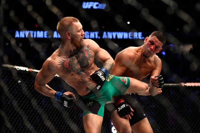LAS VEGAS, NV - AUGUST 20: (L-R) Conor McGregor of Ireland kicks Nate Diaz in their welterweight bout during the UFC 202 event at T-Mobile Arena on August 20, 2016 in Las Vegas, Nevada. (Photo by Jeff Bottari/Zuffa LLC/Zuffa LLC via Getty Images)